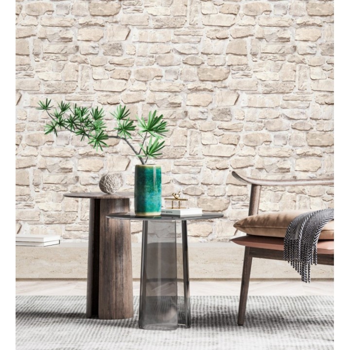 Papel pintado imitación muro de piedra rústica en tonos beige - Palermo Stone 683255