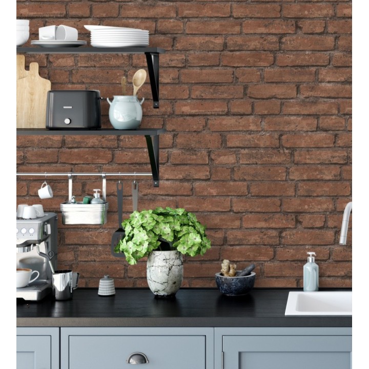 Papel pintado de ladrillos visto con tonos rojizos oscuro - Hanover Brick 683259