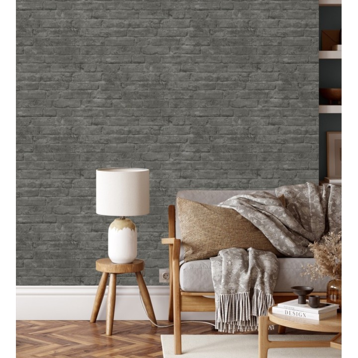 Papel pintado de ladrillos visto con tonos grises oscuros - Hanover Brick 683263
