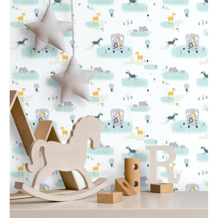 Papel pintado infantil con hipopótamos cebras llamas jirafas y camellos - Safari Buddies 683265
