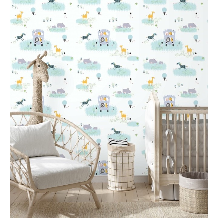Papel pintado infantil con hipopótamos cebras llamas jirafas y camellos - Safari Buddies 683265