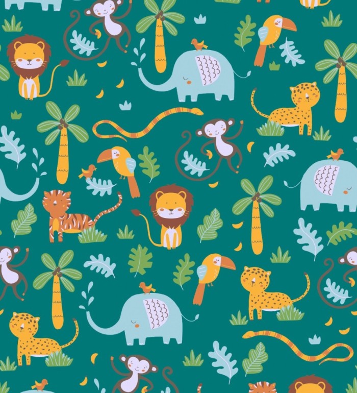 Papel pintado tropical con elefantes leones tigres loros y monos - Playful Safari 683266