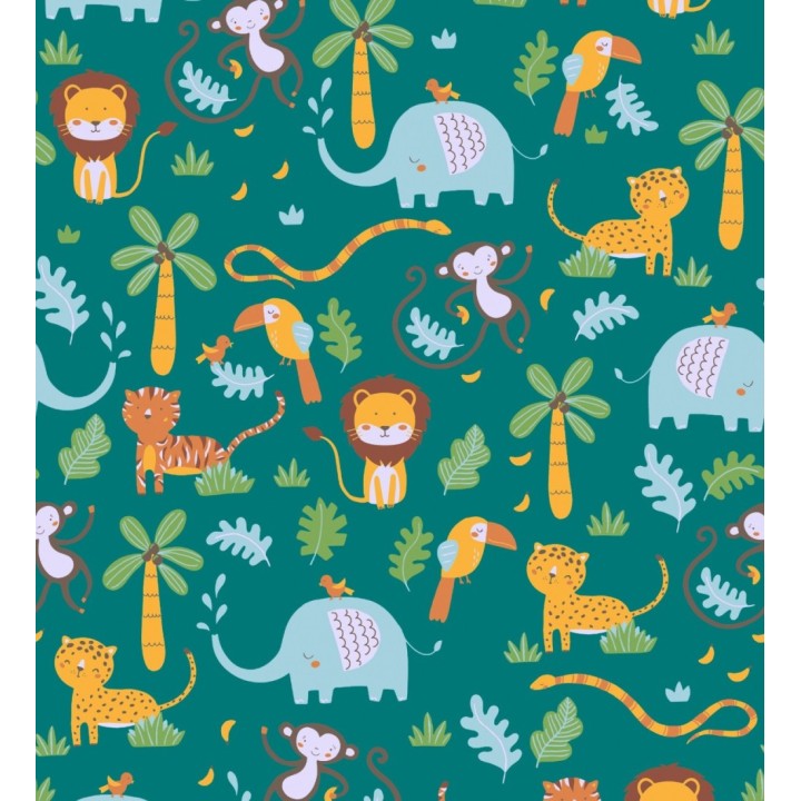 Papel pintado tropical con elefantes leones tigres loros y monos - Playful Safari 683266