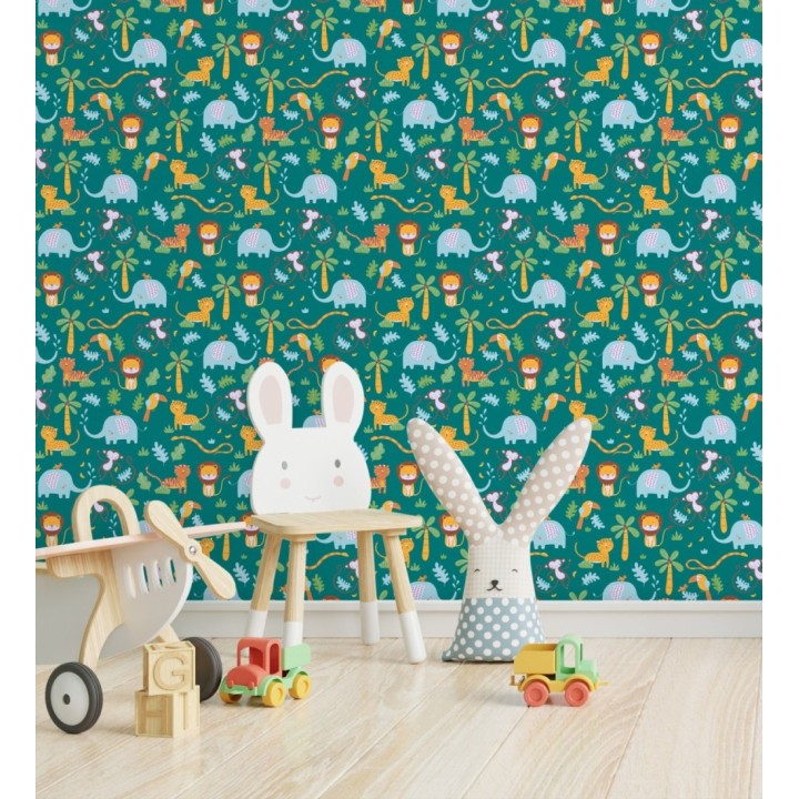 Papel pintado tropical con elefantes leones tigres loros y monos - Playful Safari 683266
