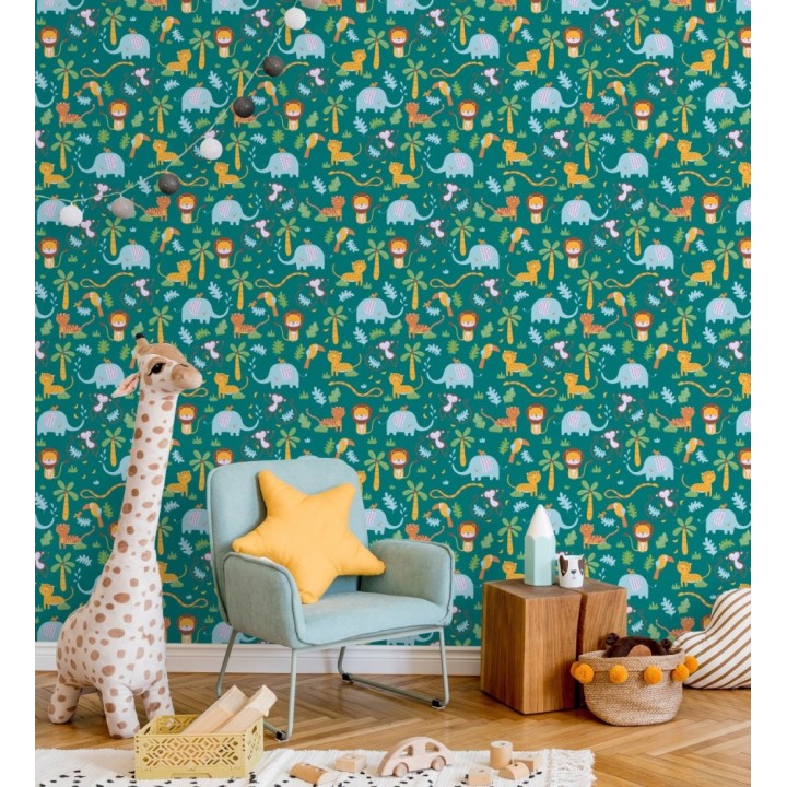 Papel pintado tropical con elefantes leones tigres loros y monos - Playful Safari 683266