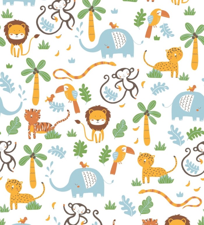 Papel pintado tropical con elefantes leones tigres loros y monos - Playful Safari 683267