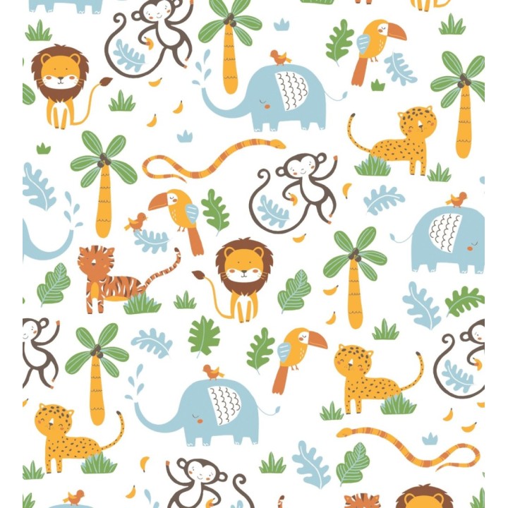 Papel pintado tropical con elefantes leones tigres loros y monos - Playful Safari 683267