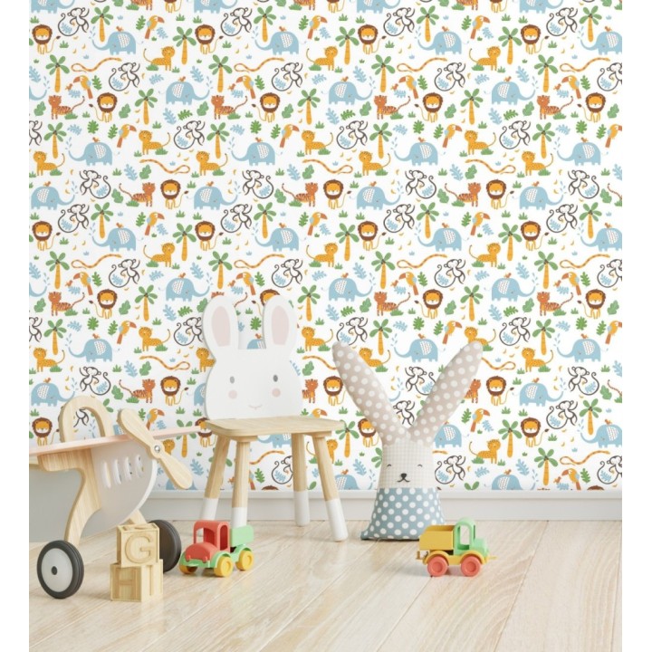 Papel pintado tropical con elefantes leones tigres loros y monos - Playful Safari 683267