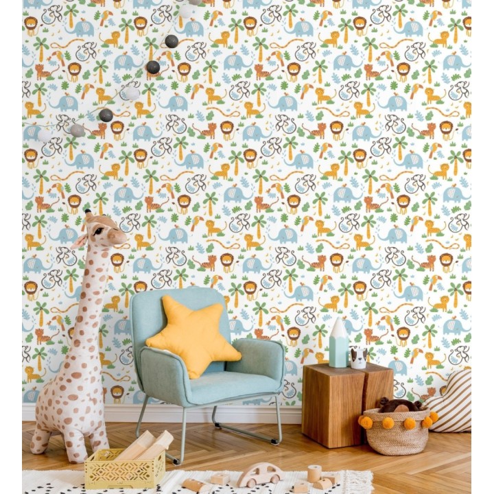 Papel pintado tropical con elefantes leones tigres loros y monos - Playful Safari 683267