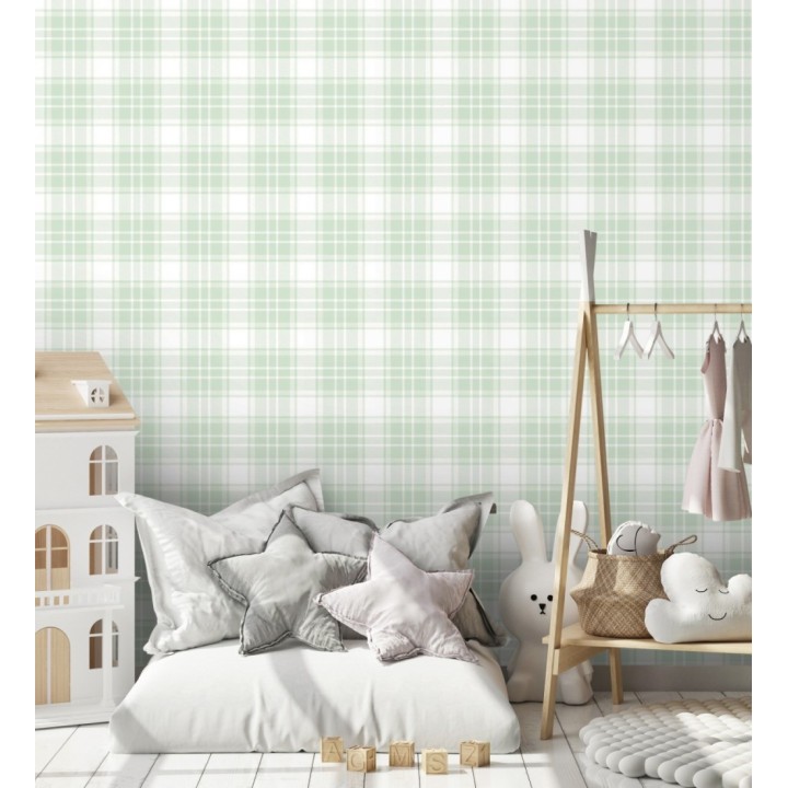 Papel pintado infantil de cuadros escoceses en tonos verdes - Kelso Tartan 683269