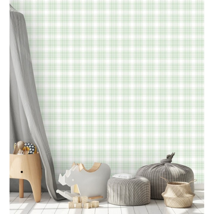 Papel pintado infantil de cuadros escoceses en tonos verdes - Kelso Tartan 683269