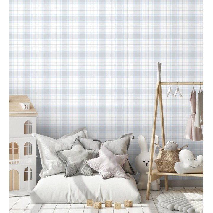 Papel pintado infantil de cuadros escoceses en tonos celestes y grises - Kelso Tartan 683270