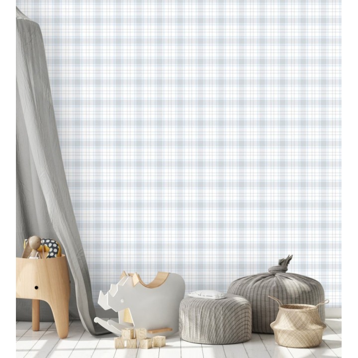 Papel pintado infantil de cuadros escoceses en tonos celestes y grises - Kelso Tartan 683270