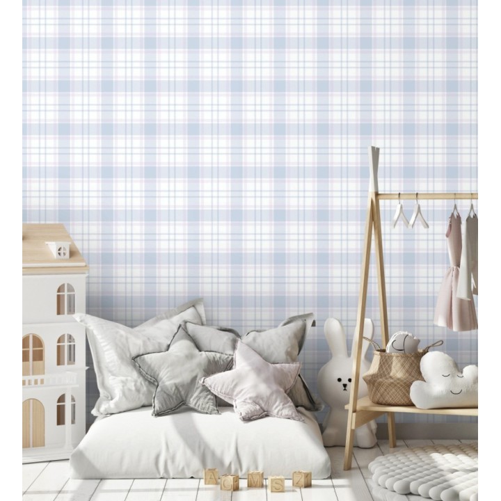 Papel pintado infantil de cuadros escoceses en tonos azules y rosa - Kelso Tartan 683271
