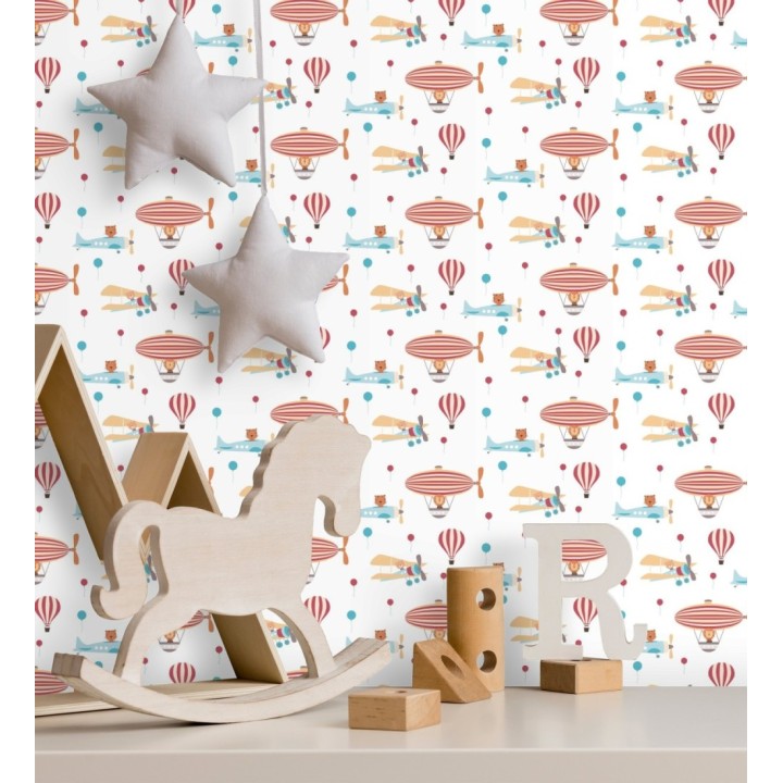 Papel pintado infantil con aviones y globos aerostático - Flying Animals 683272
