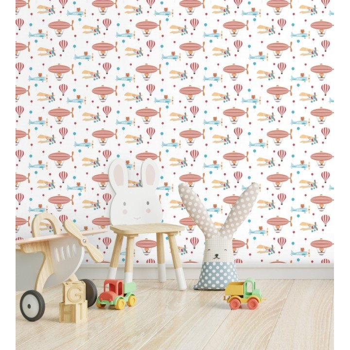 Papel pintado infantil con aviones y globos aerostático - Flying Animals 683272