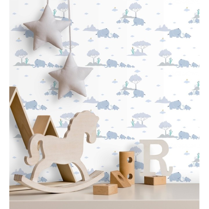 Papel pintado de elefantes tonos azul y gris para bebe - Baby Elephants 683273