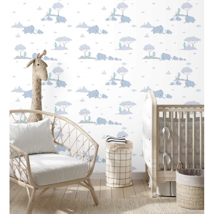 Papel pintado de elefantes tonos azul y gris para bebe - Baby Elephants 683273