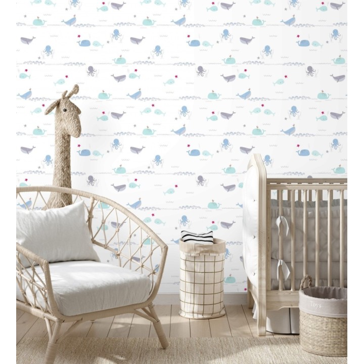 Papel pintado infantil con ballenas y pulpos - Ocean Friends 683274