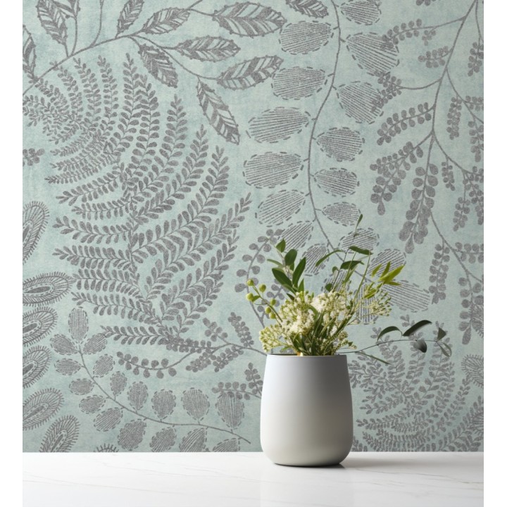 Papel pintado de hojas y helechos en tonos verde agua - Tundra Leaves 683283