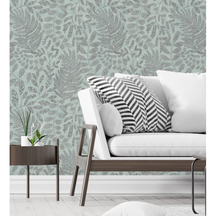 Papel pintado de hojas y helechos en tonos verde agua - Tundra Leaves 683283