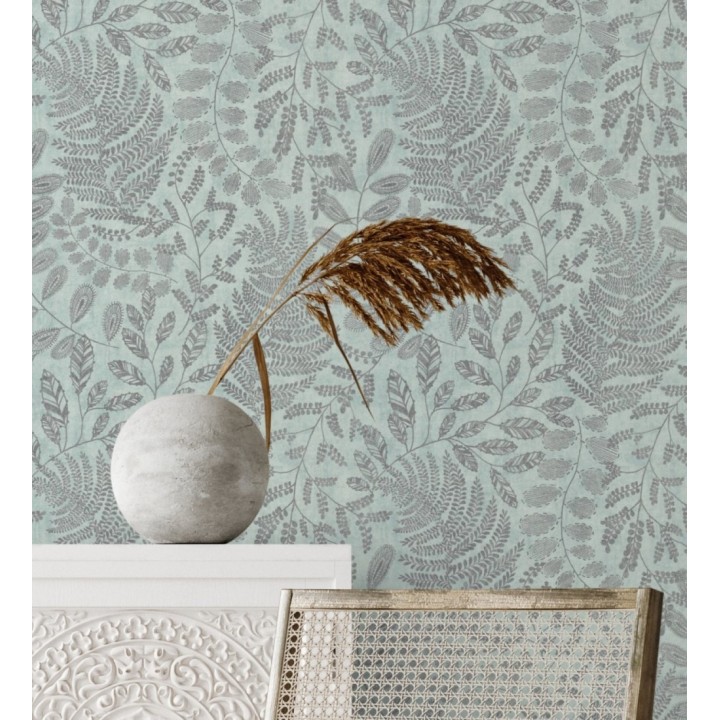 Papel pintado de hojas y helechos en tonos verde agua - Tundra Leaves 683283