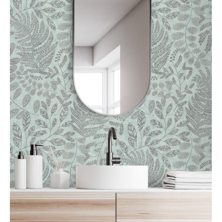 Papel pintado de hojas y helechos en tonos verde agua - Tundra Leaves 683283