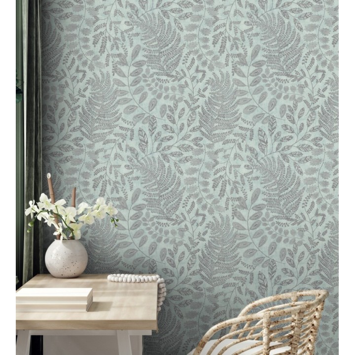 Papel pintado de hojas y helechos en tonos verde agua - Tundra Leaves 683283