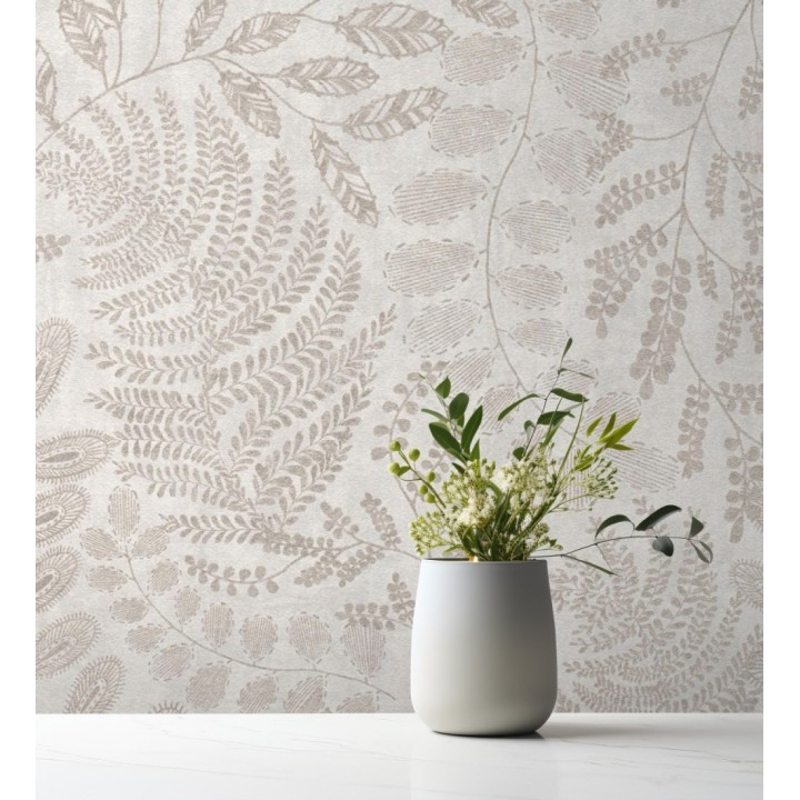 Papel pintado de hojas y helechos en tonos grises y beige - Tundra Leaves 683284