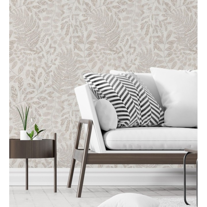 Papel pintado de hojas y helechos en tonos grises y beige - Tundra Leaves 683284