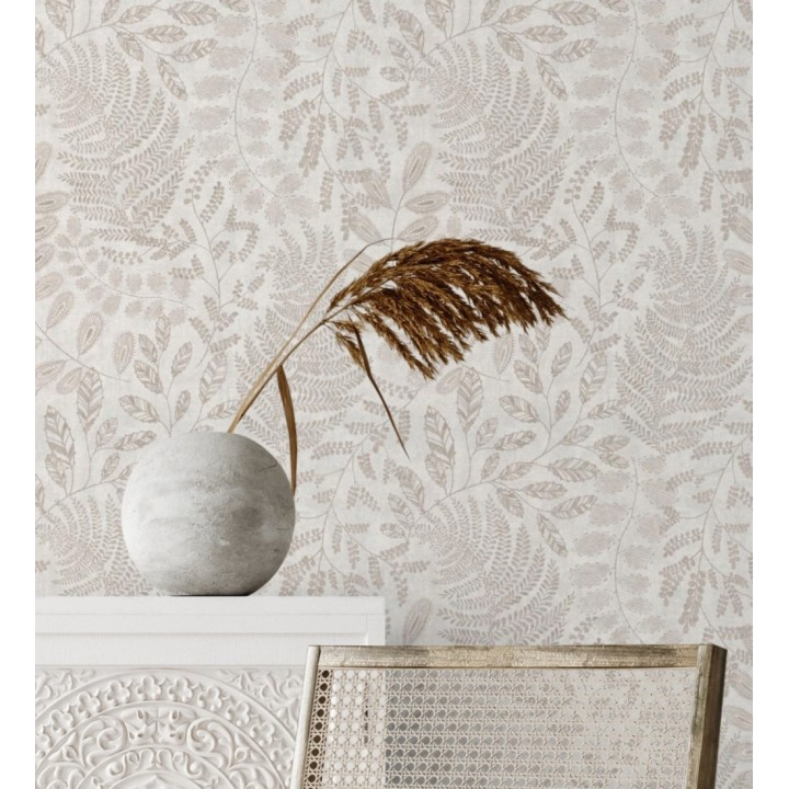 Papel pintado de hojas y helechos en tonos grises y beige - Tundra Leaves 683284