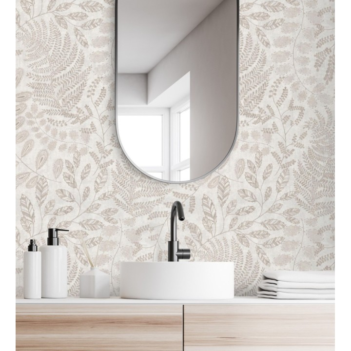 Papel pintado de hojas y helechos en tonos grises y beige - Tundra Leaves 683284