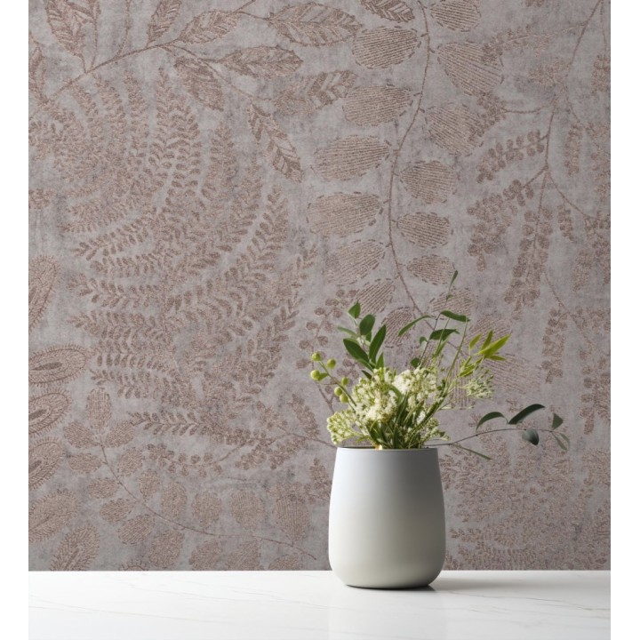 Papel pintado de hojas y helechos en tonos cobrizos y gris visón  - Tundra Leaves 683285