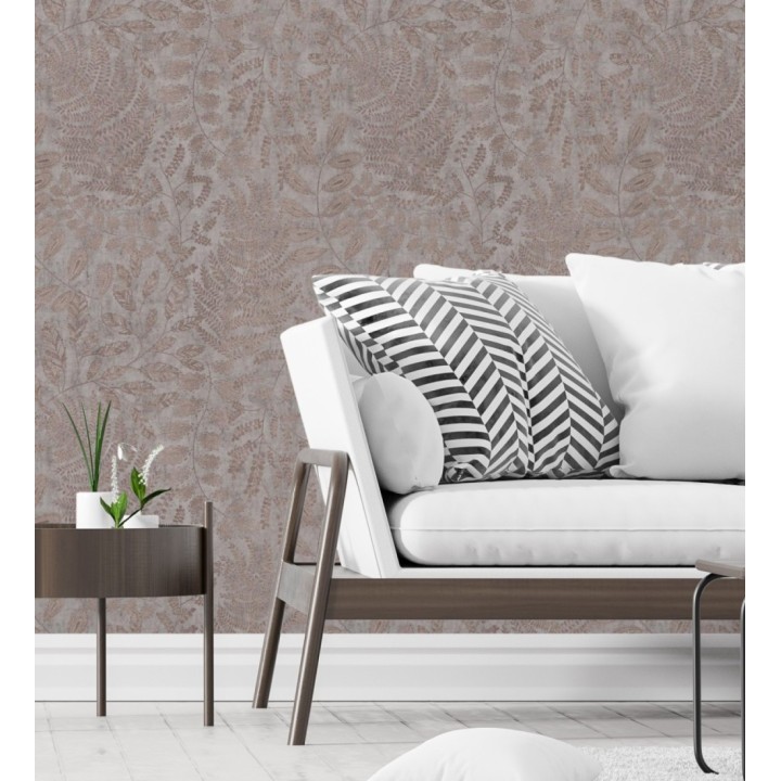 Papel pintado de hojas y helechos en tonos cobrizos y gris visón  - Tundra Leaves 683285