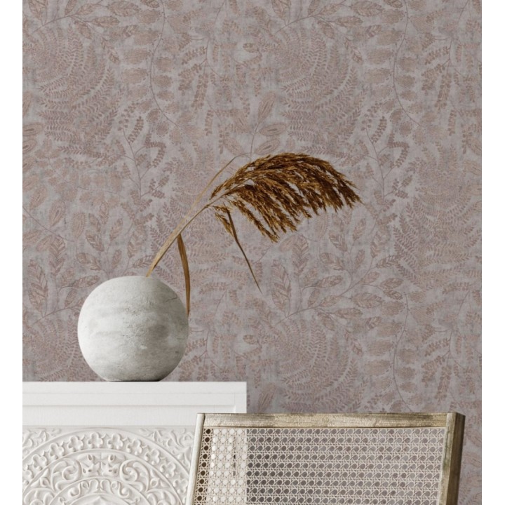 Papel pintado de hojas y helechos en tonos cobrizos y gris visón  - Tundra Leaves 683285