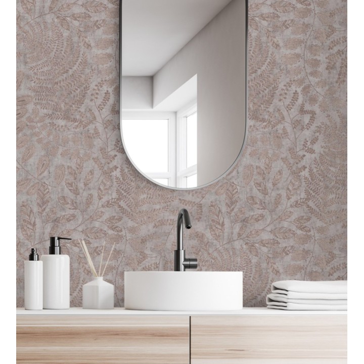 Papel pintado de hojas y helechos en tonos cobrizos y gris visón  - Tundra Leaves 683285