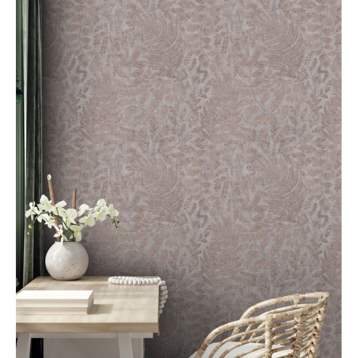 Papel pintado de hojas y helechos en tonos cobrizos y gris visón  - Tundra Leaves 683285