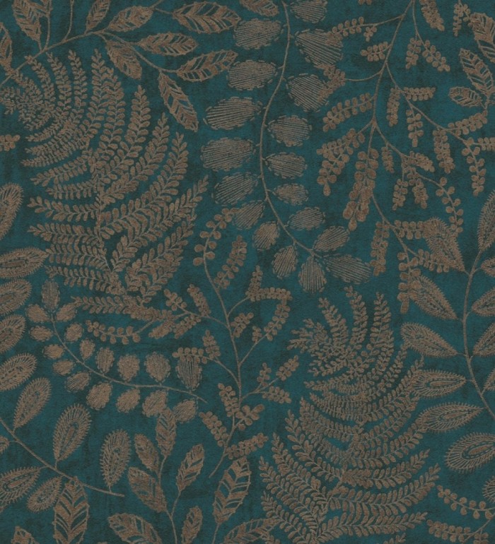 Papel pintado de hojas y helechos en tonos dorados y turquesa  - Tundra Leaves 683286