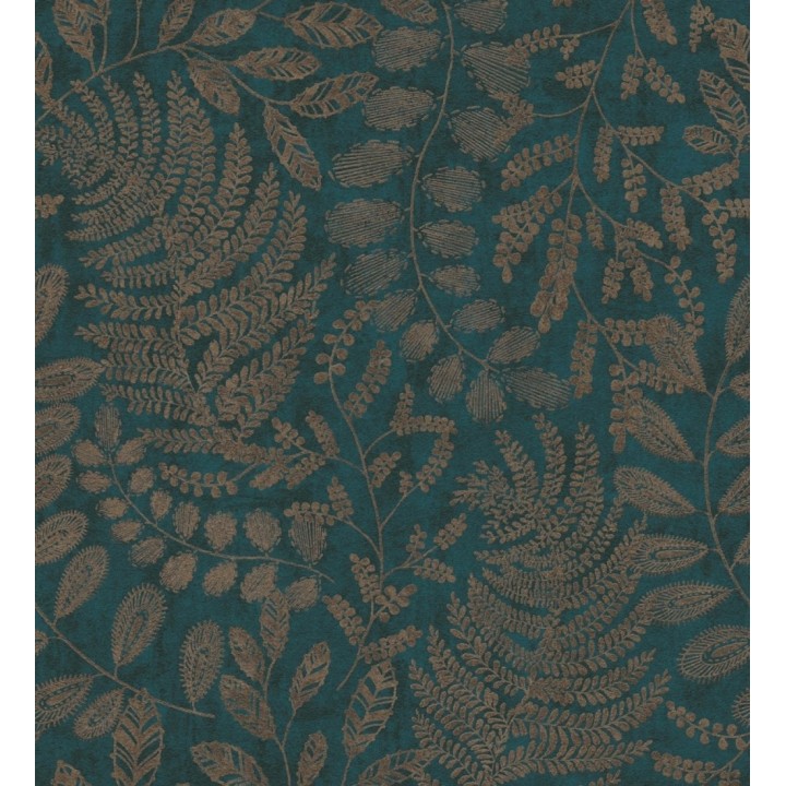 Papel pintado de hojas y helechos en tonos dorados y turquesa  - Tundra Leaves 683286