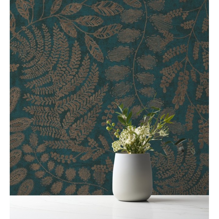 Papel pintado de hojas y helechos en tonos dorados y turquesa  - Tundra Leaves 683286