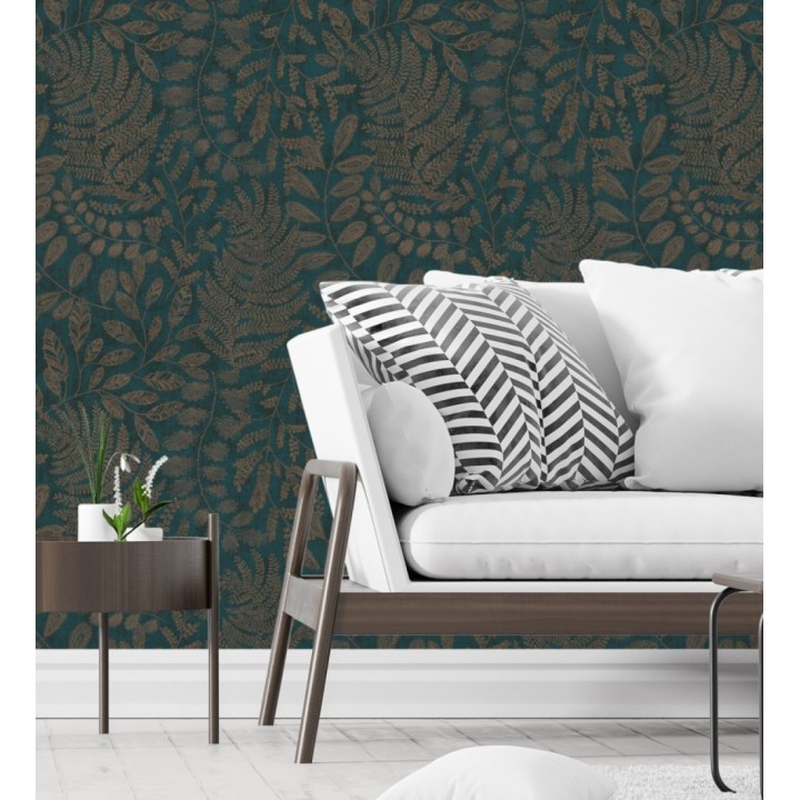 Papel pintado de hojas y helechos en tonos dorados y turquesa  - Tundra Leaves 683286