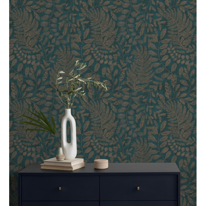 Papel pintado de hojas y helechos en tonos dorados y turquesa  - Tundra Leaves 683286