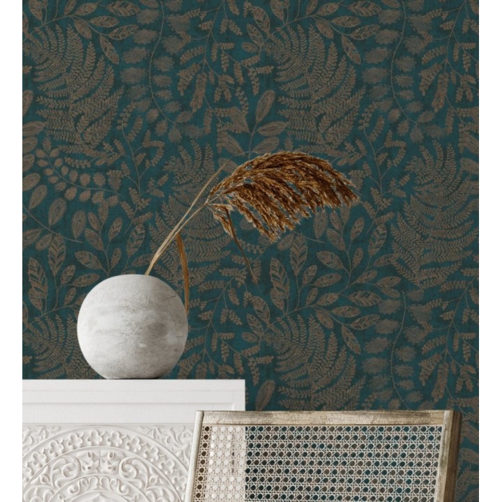 Papel pintado de hojas y helechos en tonos dorados y turquesa  - Tundra Leaves 683286