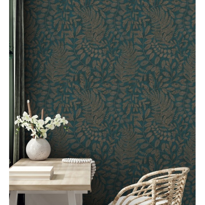 Papel pintado de hojas y helechos en tonos dorados y turquesa  - Tundra Leaves 683286