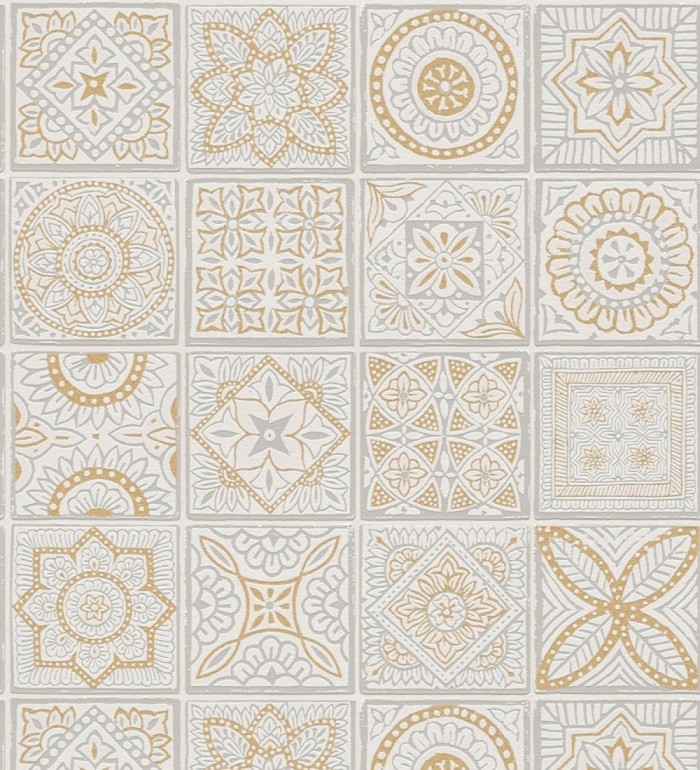 Papel pintado de azulejos de inspiración árabe color oro gris claro y blanco - Marrakech Tiles 683287