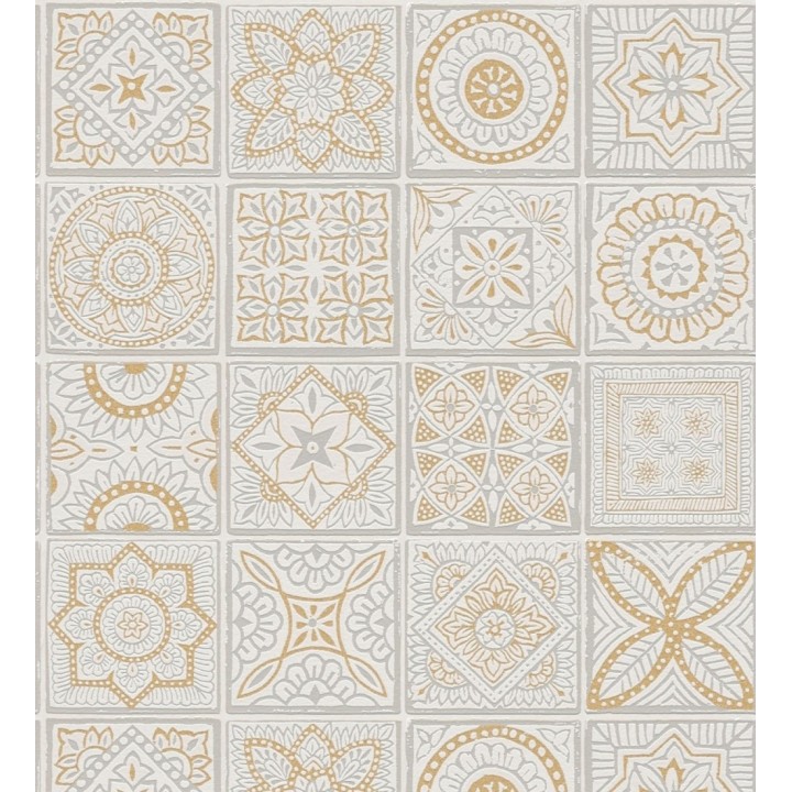 Papel pintado de azulejos de inspiración árabe color oro gris claro y blanco - Marrakech Tiles 683287