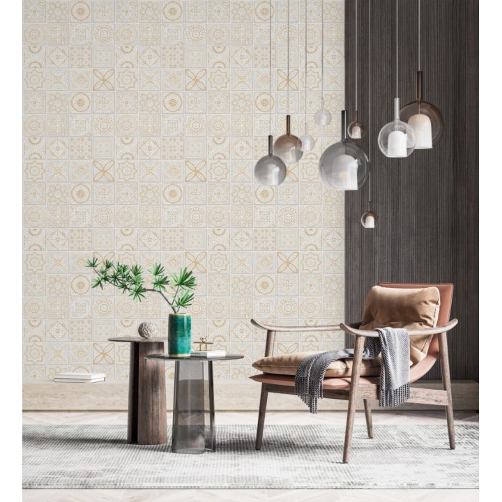 Papel pintado de azulejos de inspiración árabe color oro gris claro y blanco - Marrakech Tiles 683287