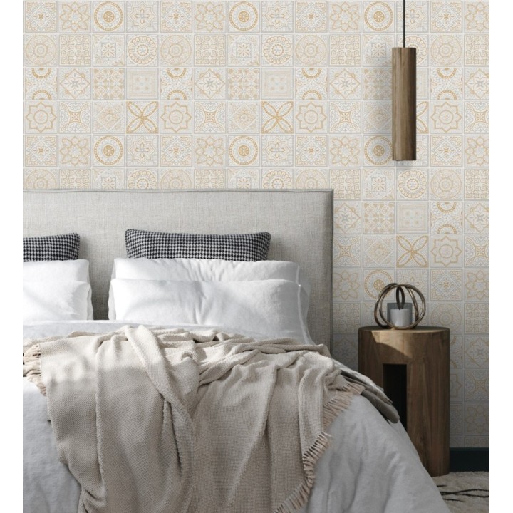 Papel pintado de azulejos de inspiración árabe color oro gris claro y blanco - Marrakech Tiles 683287