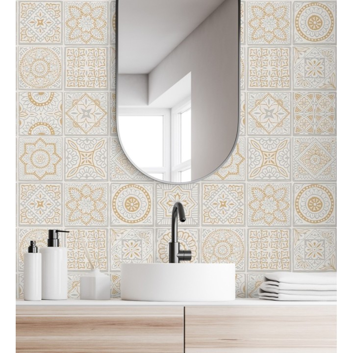 Papel pintado de azulejos de inspiración árabe color oro gris claro y blanco - Marrakech Tiles 683287