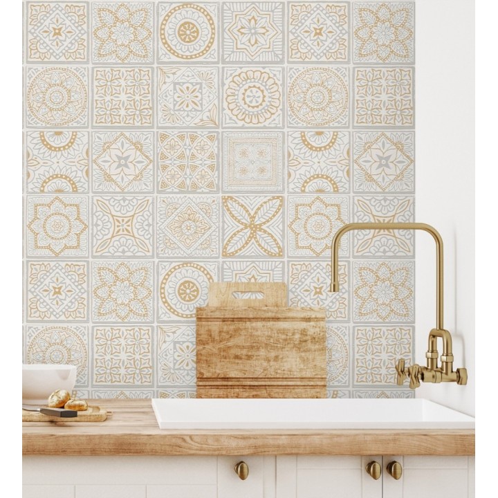 Papel pintado de azulejos de inspiración árabe color oro gris claro y blanco - Marrakech Tiles 683287